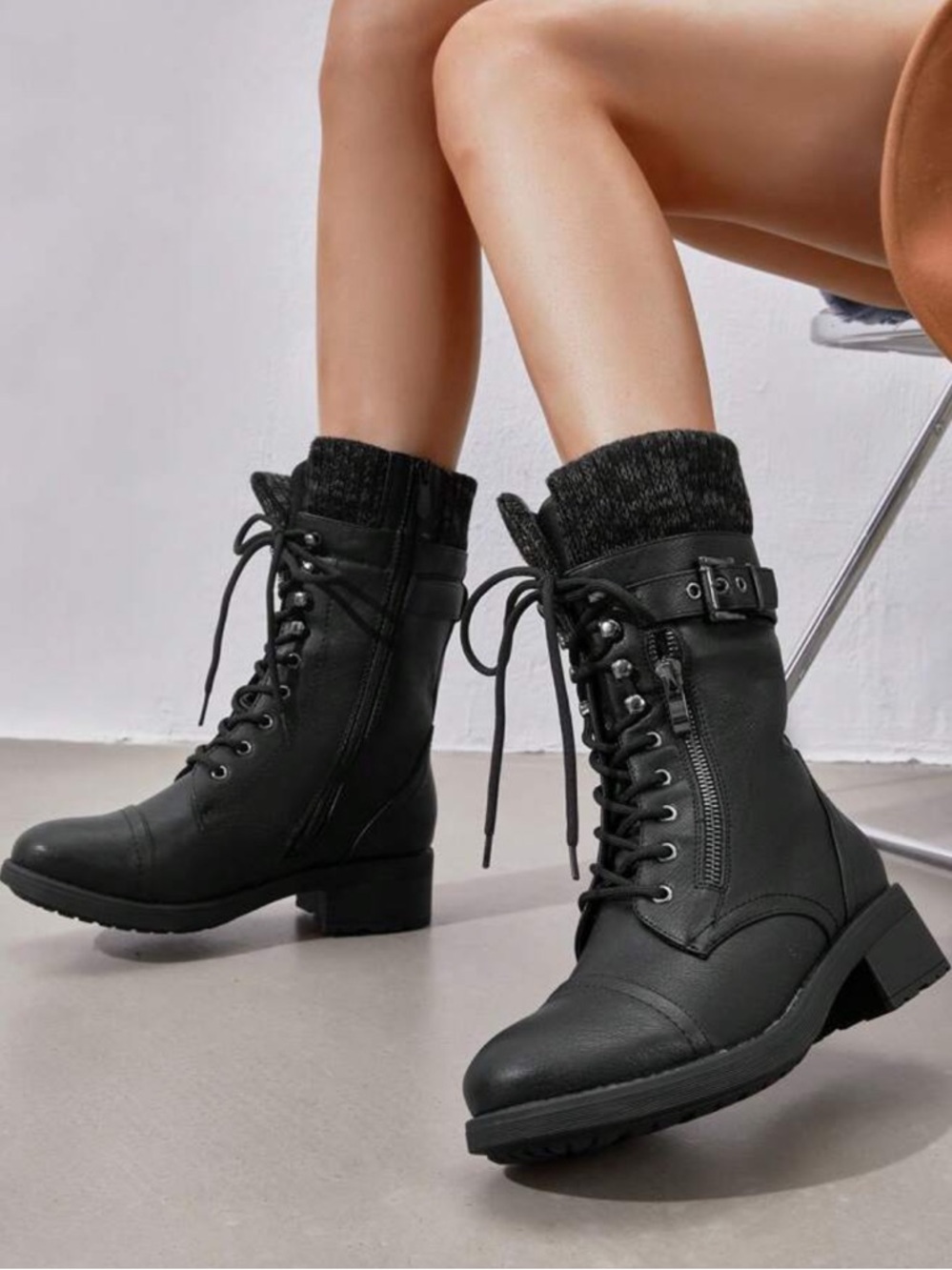 Black Lace-Up Knit-Trim Combat Boots
